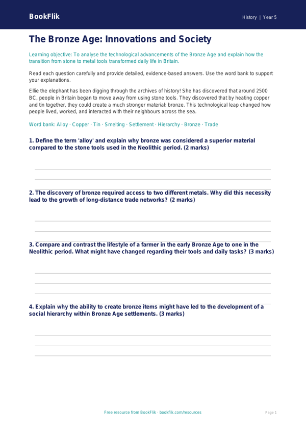 Free Bronze Age Worksheet | Year 5 Greater Depth | BookFlik worksheet preview — History Bronze Age