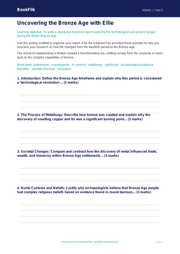 Free Bronze Age Writing Frame | Year 5 Greater Depth | BookFlik worksheet preview — History Bronze Age
