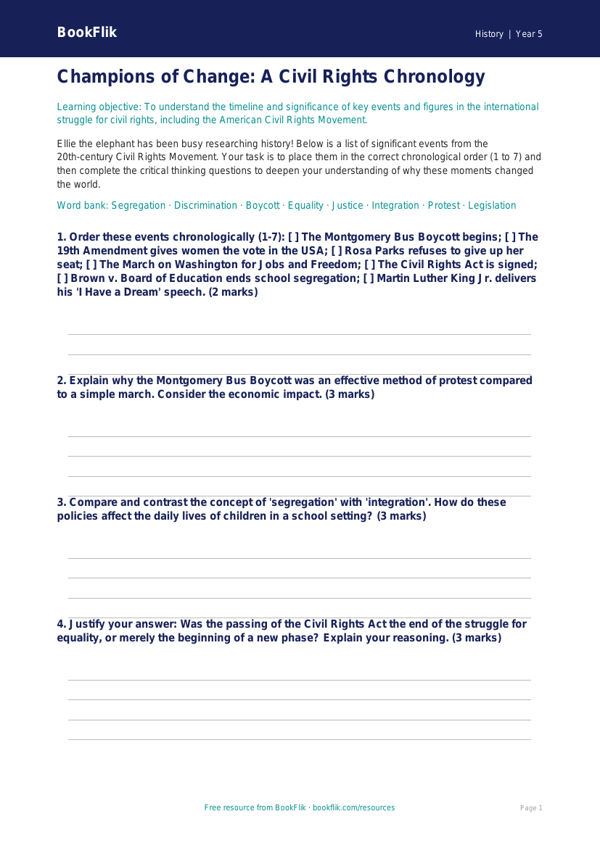 Free Civil Rights Activity Sheet | Year 5 Greater Depth | BookFlik worksheet preview — History Civil Rights