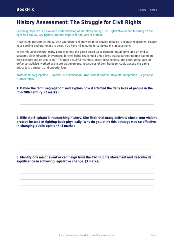 Free Civil Rights Assessment | Year 5 Greater Depth | BookFlik worksheet preview — History Civil Rights