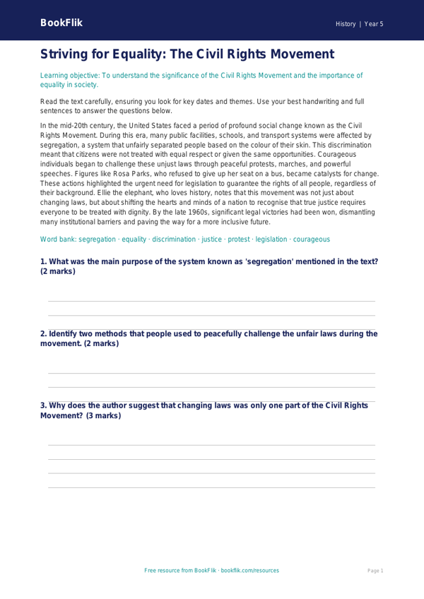 Free Civil Rights Comprehension | Year 5 Greater Depth | BookFlik worksheet preview — History Civil Rights