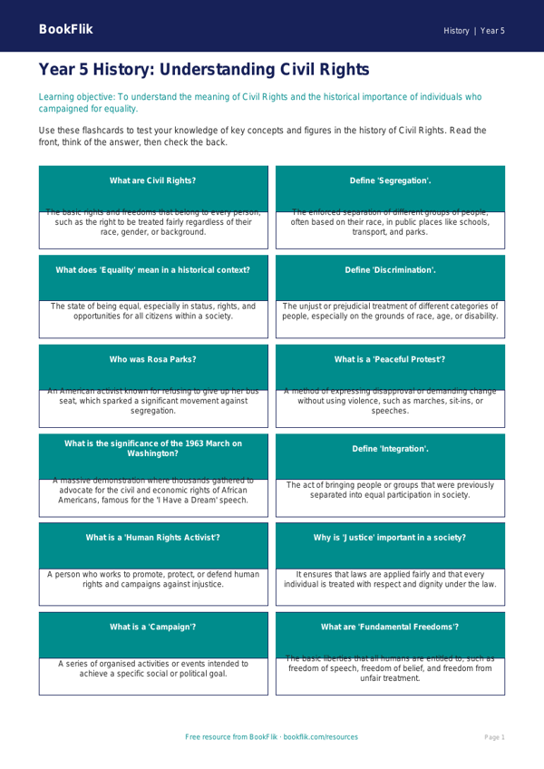 Free Civil Rights Flashcards | Year 5 Greater Depth | BookFlik worksheet preview — History Civil Rights