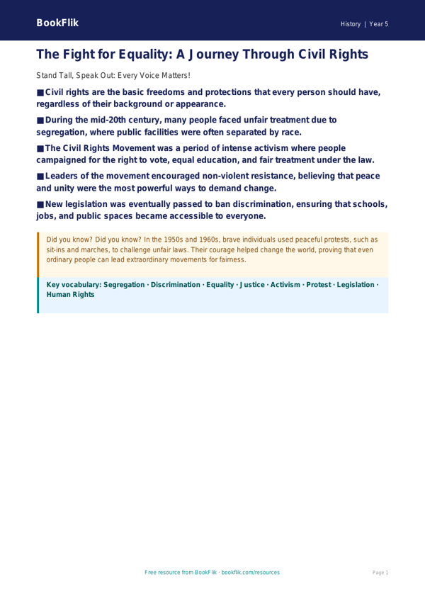 Free Civil Rights Poster | Year 5 Greater Depth | BookFlik worksheet preview — History Civil Rights