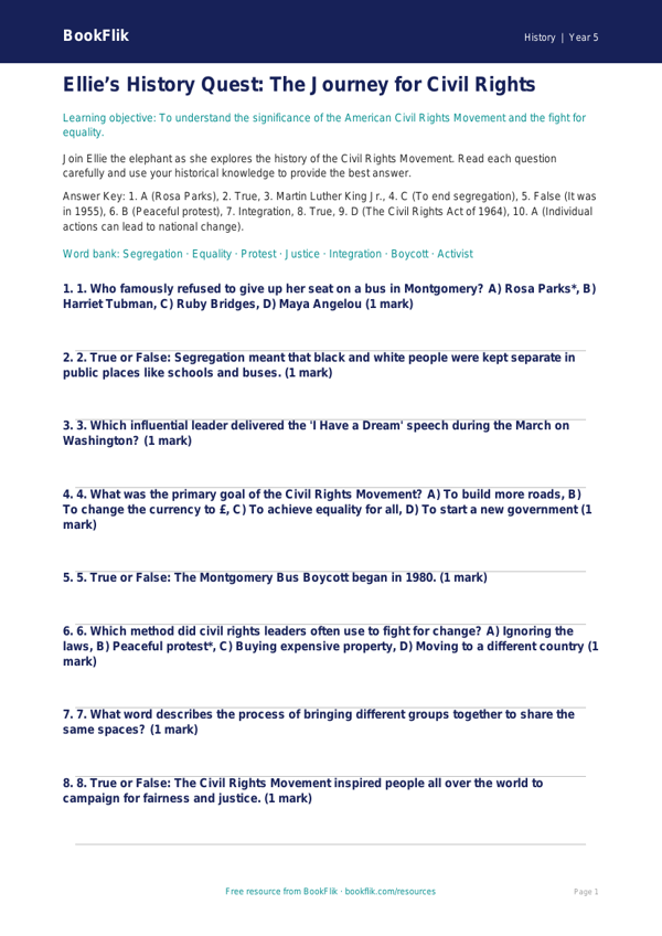 Free Civil Rights Quiz | Year 5 Greater Depth | BookFlik worksheet preview — History Civil Rights