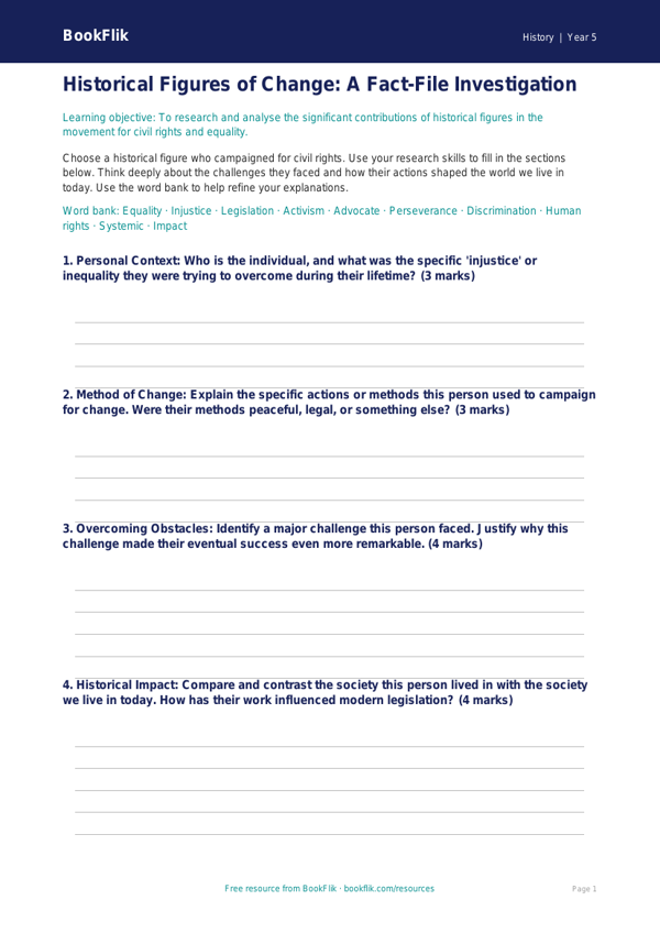 Free Civil Rights Template | Year 5 Greater Depth | BookFlik worksheet preview — History Civil Rights