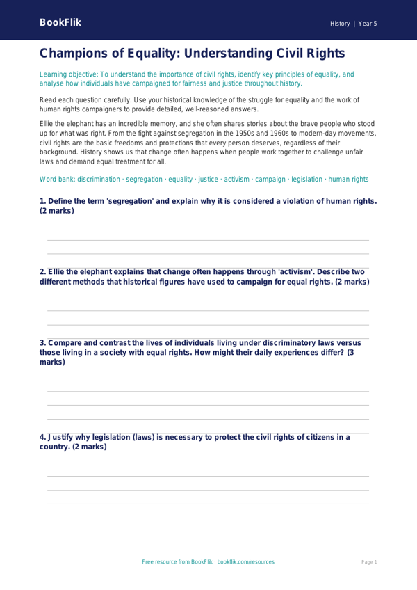 Free Civil Rights Worksheet | Year 5 Greater Depth | BookFlik worksheet preview — History Civil Rights