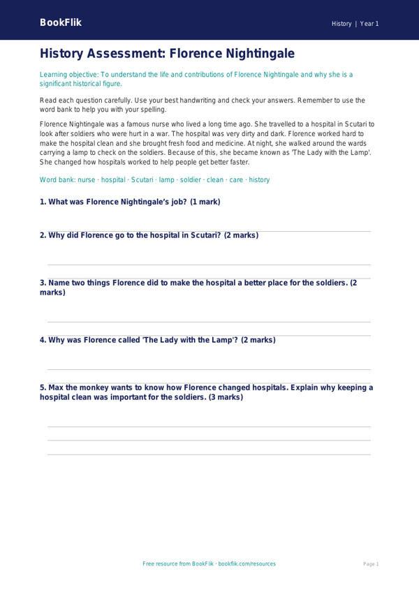 Free Florence Nightingale Assessment | Year 1 Core | BookFlik worksheet preview — History Florence Nightingale