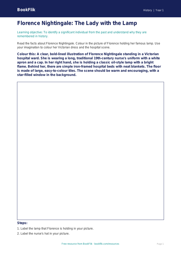 Free Florence Nightingale Colouring Page | Year 1 Core | BookFlik worksheet preview — History Florence Nightingale