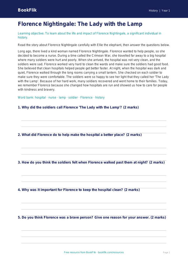 Free Florence Nightingale Comprehension | Year 1 Core | BookFlik worksheet preview — History Florence Nightingale