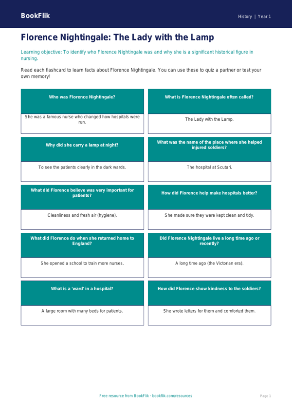 Free Florence Nightingale Flashcards | Year 1 Core | BookFlik worksheet preview — History Florence Nightingale