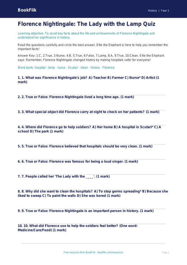 Free Florence Nightingale Quiz | Year 1 Core | BookFlik worksheet preview — History Florence Nightingale