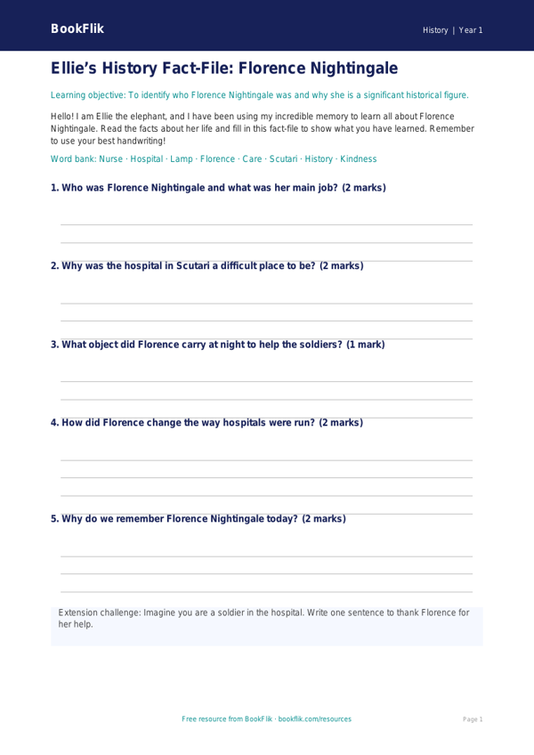 Free Florence Nightingale Template | Year 1 Core | BookFlik worksheet preview — History Florence Nightingale
