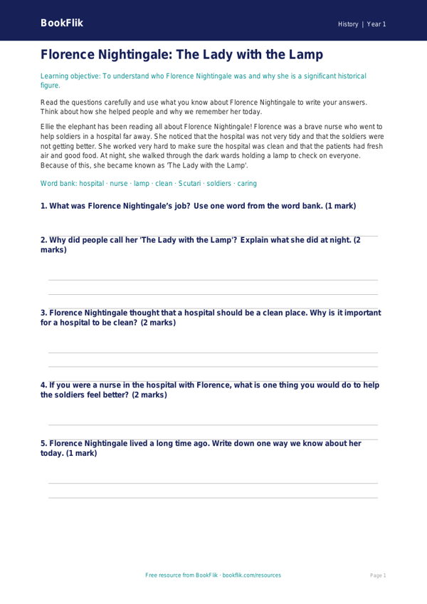 Free Florence Nightingale Worksheet | Year 1 Core | BookFlik worksheet preview — History Florence Nightingale
