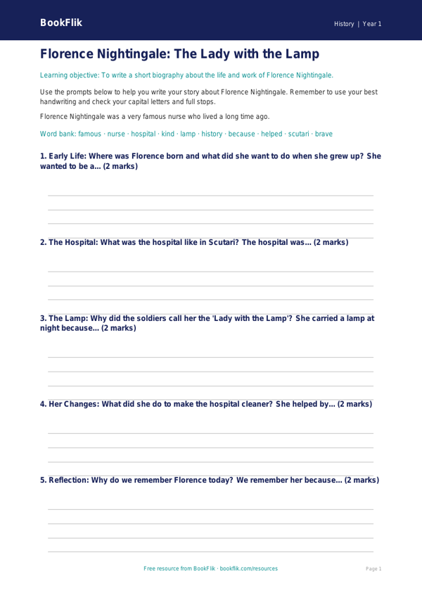 Free Florence Nightingale Writing Frame | Year 1 Core | BookFlik worksheet preview — History Florence Nightingale