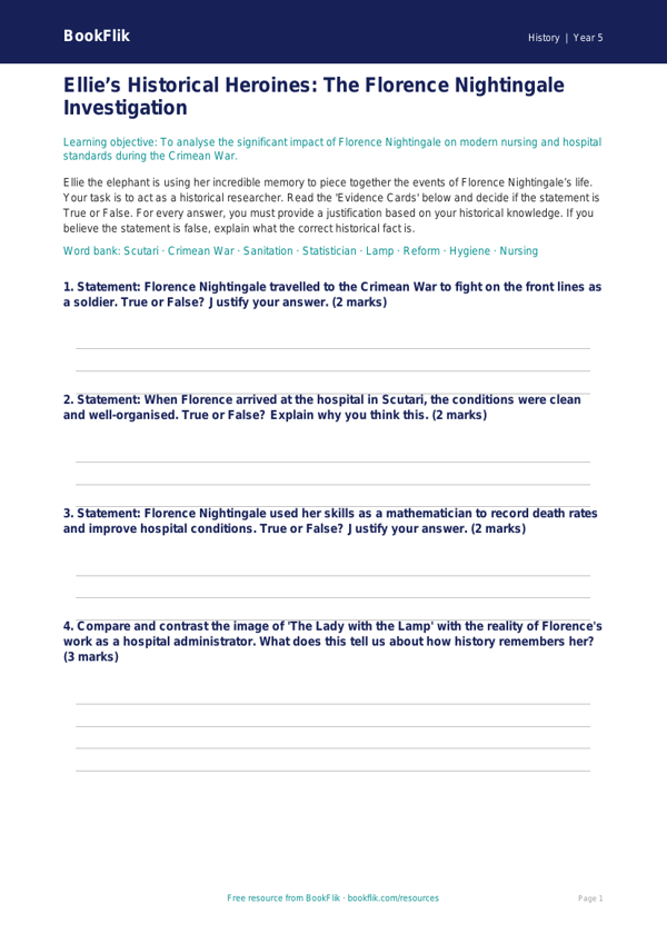 Free Florence Nightingale Activity Sheet | Year 5 Greater Depth | BookFlik worksheet preview — History Florence Nightingale