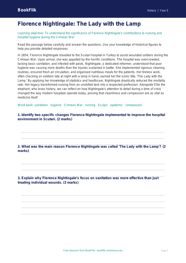 Free Florence Nightingale Comprehension | Year 5 Greater Depth | BookFlik worksheet preview — History Florence Nightingale