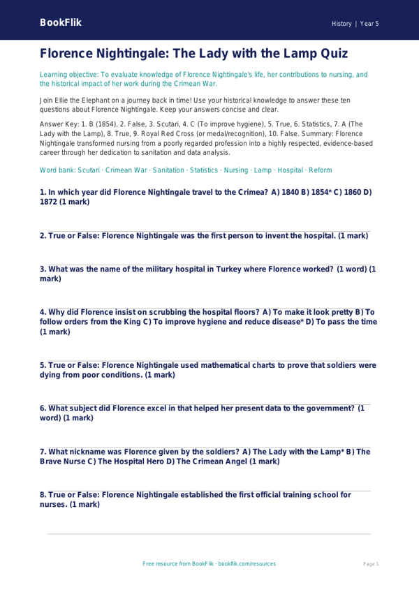 Free Florence Nightingale Quiz | Year 5 Greater Depth | BookFlik worksheet preview — History Florence Nightingale