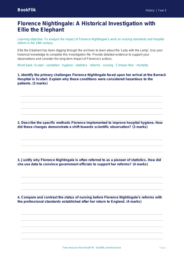 Free Florence Nightingale Template | Year 5 Greater Depth | BookFlik worksheet preview — History Florence Nightingale