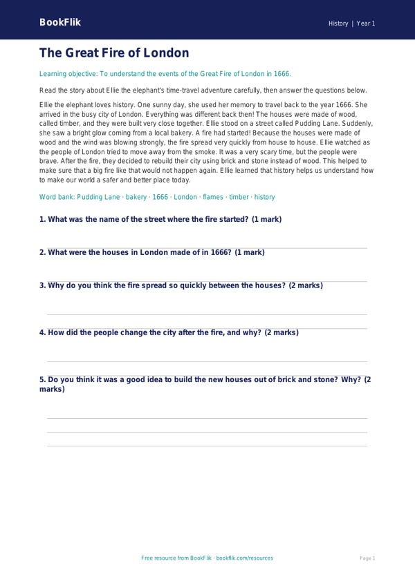 Free Great Fire Of London Comprehension | Year 1 Core | BookFlik worksheet preview — History Great Fire Of London