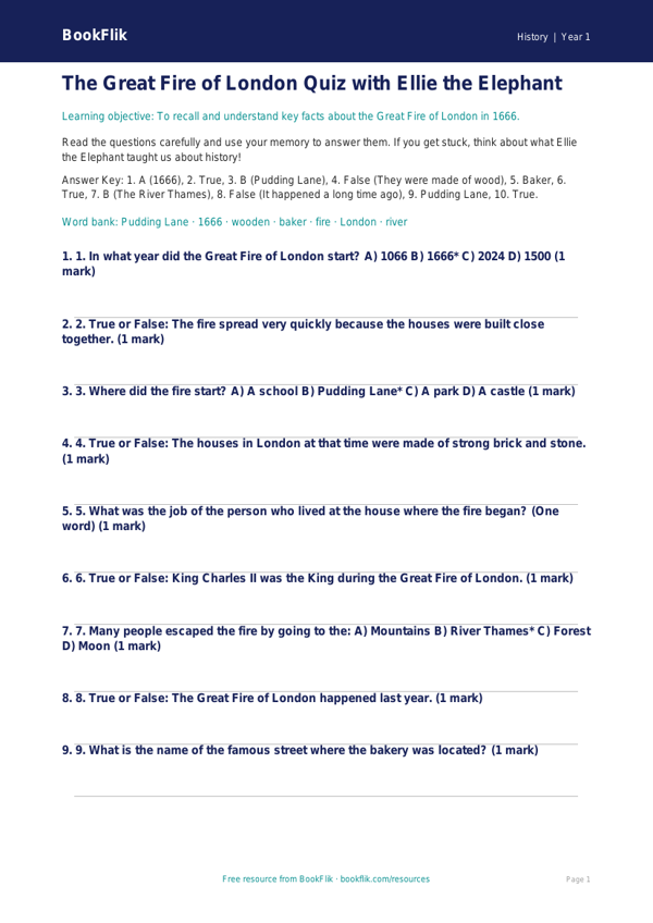 Free Great Fire Of London Quiz | Year 1 Core | BookFlik worksheet preview — History Great Fire Of London