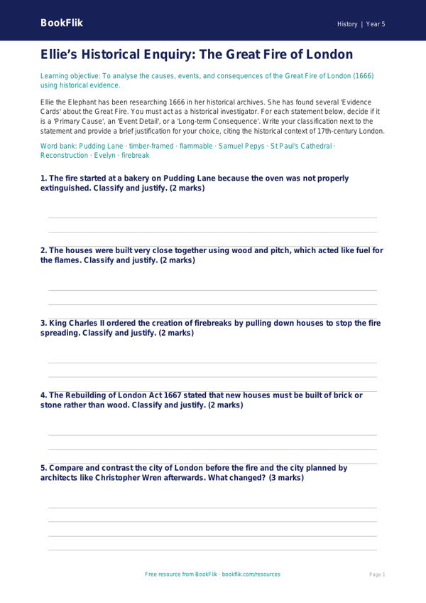 Free Great Fire Of London Activity Sheet | Year 5 Greater Depth | BookFlik worksheet preview — History Great Fire Of London