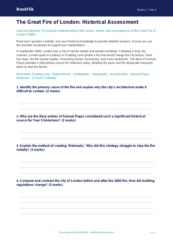 Free Great Fire Of London Assessment | Year 5 Greater Depth | BookFlik worksheet preview — History Great Fire Of London