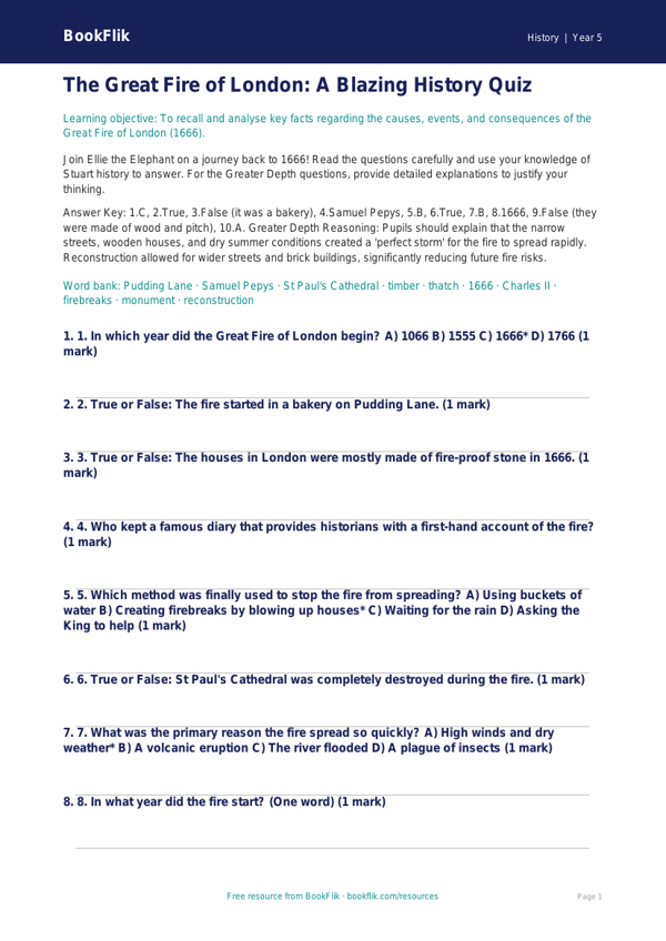 Free Great Fire Of London Quiz | Year 5 Greater Depth | BookFlik worksheet preview — History Great Fire Of London