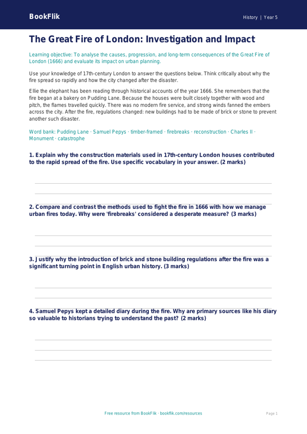 Free Great Fire Of London Worksheet | Year 5 Greater Depth | BookFlik worksheet preview — History Great Fire Of London