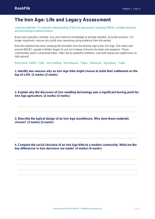Free Iron Age Assessment | Year 5 Greater Depth | BookFlik worksheet preview — History Iron Age