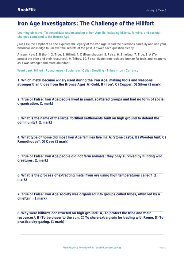 Free Iron Age Quiz | Year 5 Greater Depth | BookFlik worksheet preview — History Iron Age