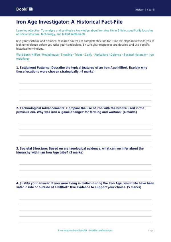 Free Iron Age Template | Year 5 Greater Depth | BookFlik worksheet preview — History Iron Age