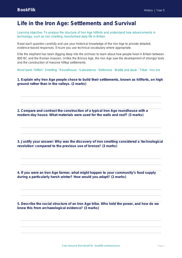 Free Iron Age Worksheet | Year 5 Greater Depth | BookFlik worksheet preview — History Iron Age