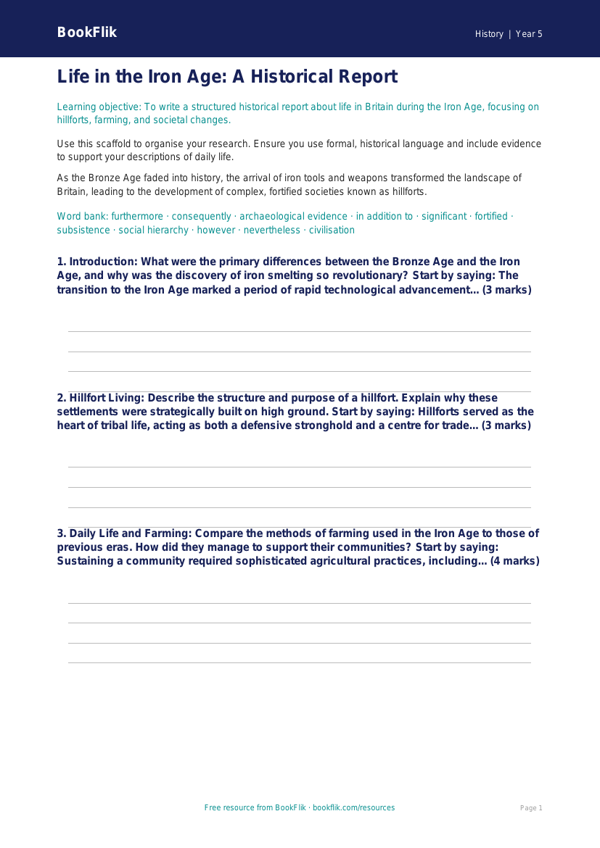 Free Iron Age Writing Frame | Year 5 Greater Depth | BookFlik worksheet preview — History Iron Age