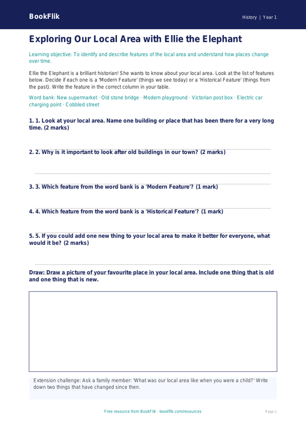 Free Local History Activity Sheet | Year 1 Core | BookFlik worksheet preview — History Local History