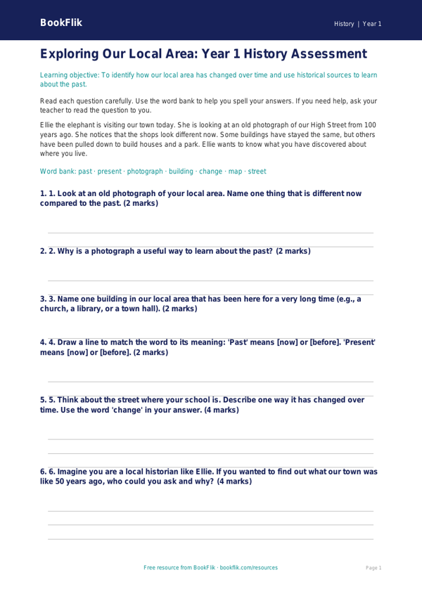 Free Local History Assessment | Year 1 Core | BookFlik worksheet preview — History Local History
