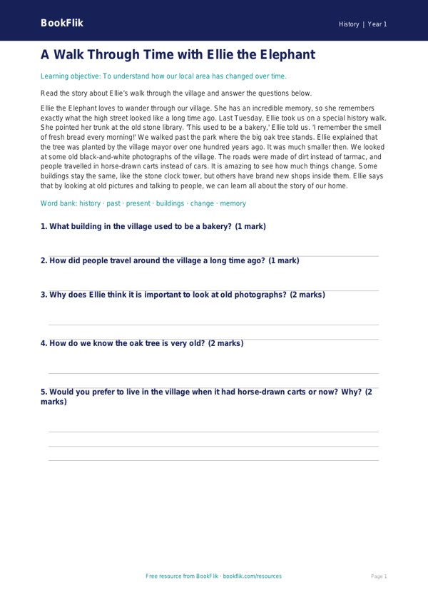 Free Local History Comprehension | Year 1 Core | BookFlik worksheet preview — History Local History
