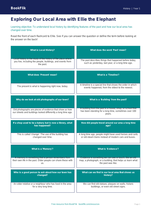 Free Local History Flashcards | Year 1 Core | BookFlik worksheet preview — History Local History