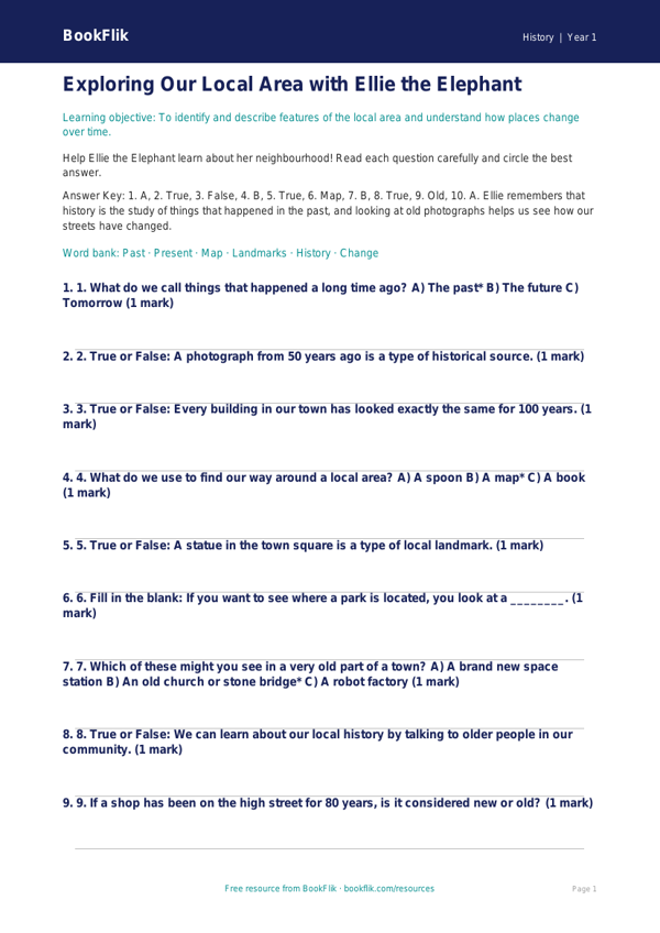 Free Local History Quiz | Year 1 Core | BookFlik worksheet preview — History Local History