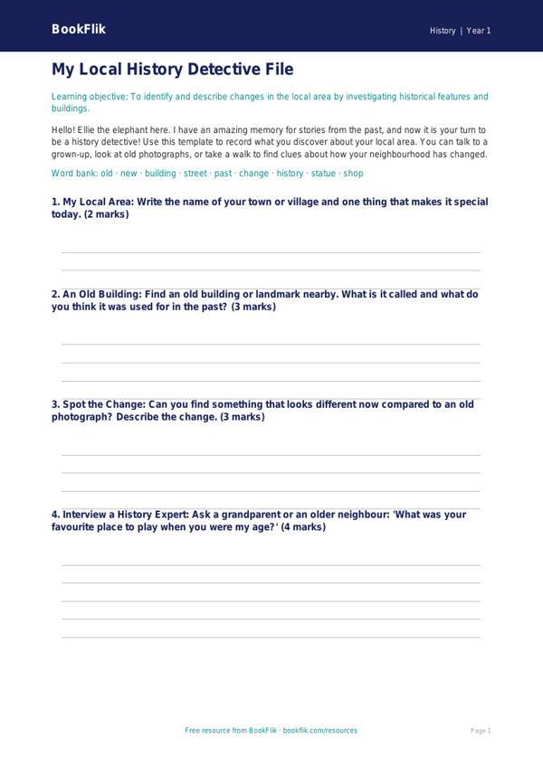 Free Local History Template | Year 1 Core | BookFlik worksheet preview — History Local History