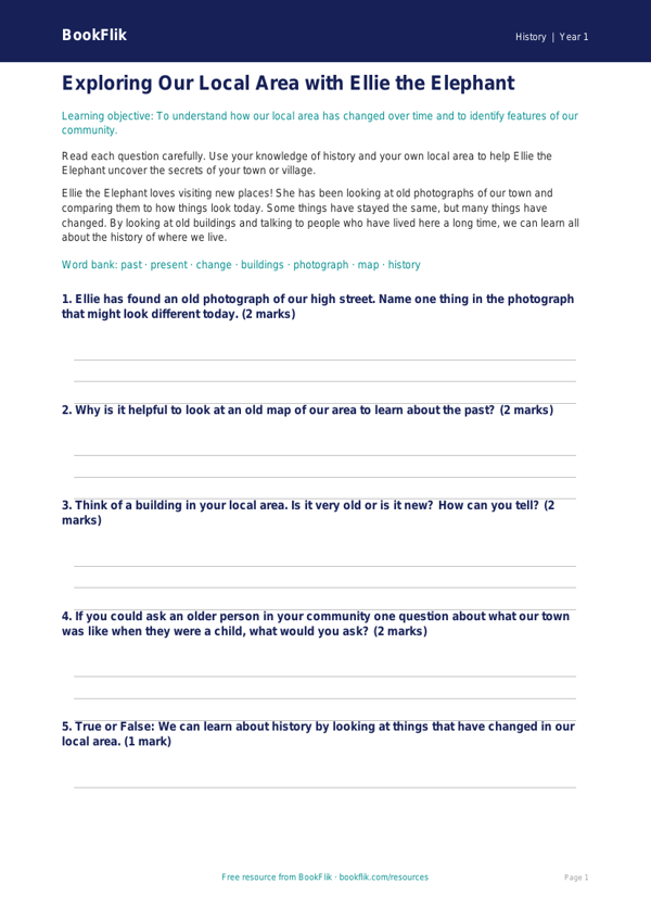 Free Local History Worksheet | Year 1 Core | BookFlik worksheet preview — History Local History