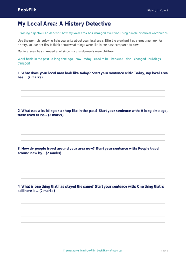 Free Local History Writing Frame | Year 1 Core | BookFlik worksheet preview — History Local History