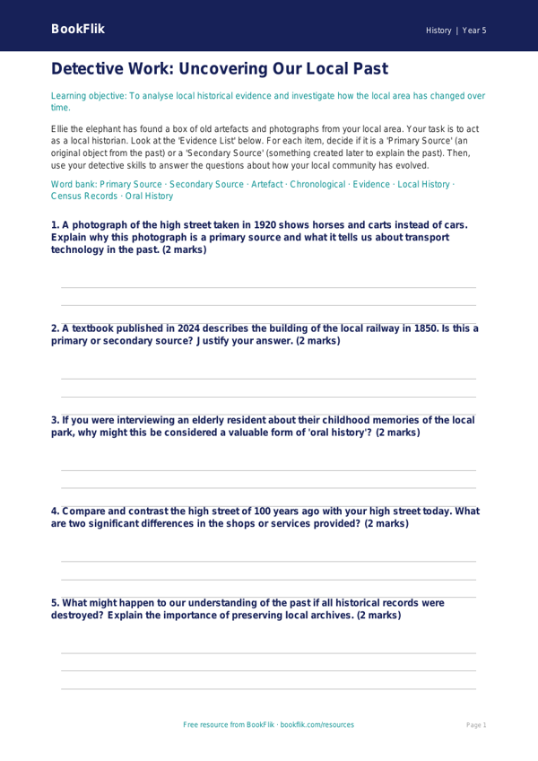 Free Local History Activity Sheet | Year 5 Greater Depth | BookFlik worksheet preview — History Local History