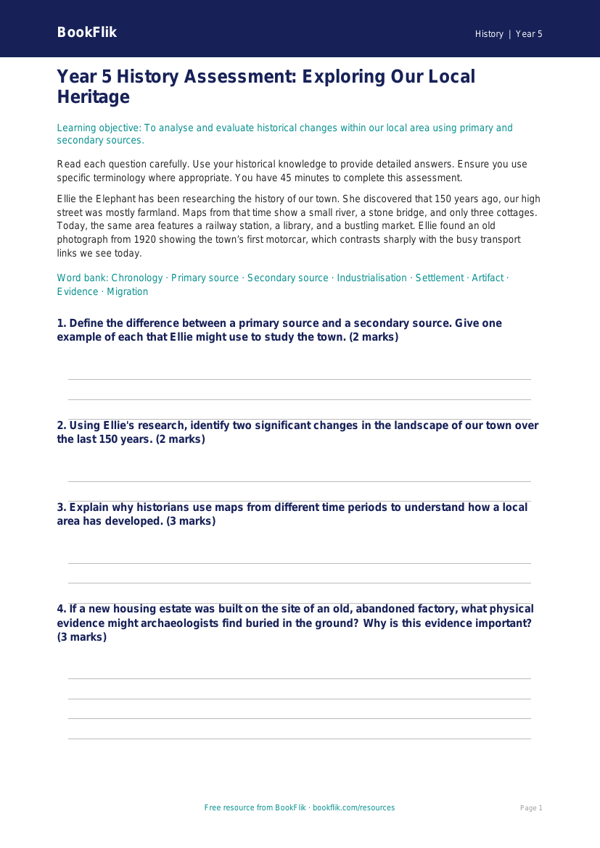 Free Local History Assessment | Year 5 Greater Depth | BookFlik worksheet preview — History Local History