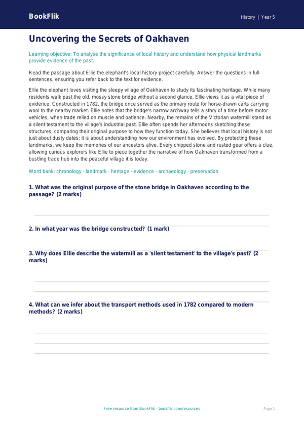 Free Local History Comprehension | Year 5 Greater Depth | BookFlik worksheet preview — History Local History