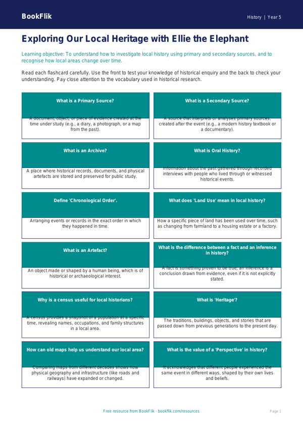 Free Local History Flashcards | Year 5 Greater Depth | BookFlik worksheet preview — History Local History