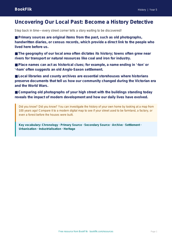 Free Local History Poster | Year 5 Greater Depth | BookFlik worksheet preview — History Local History