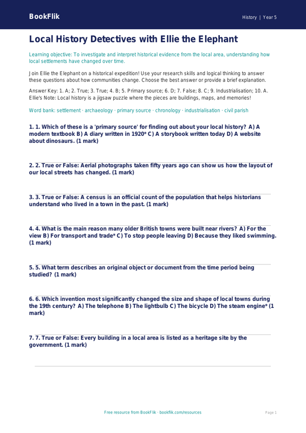 Free Local History Quiz | Year 5 Greater Depth | BookFlik worksheet preview — History Local History