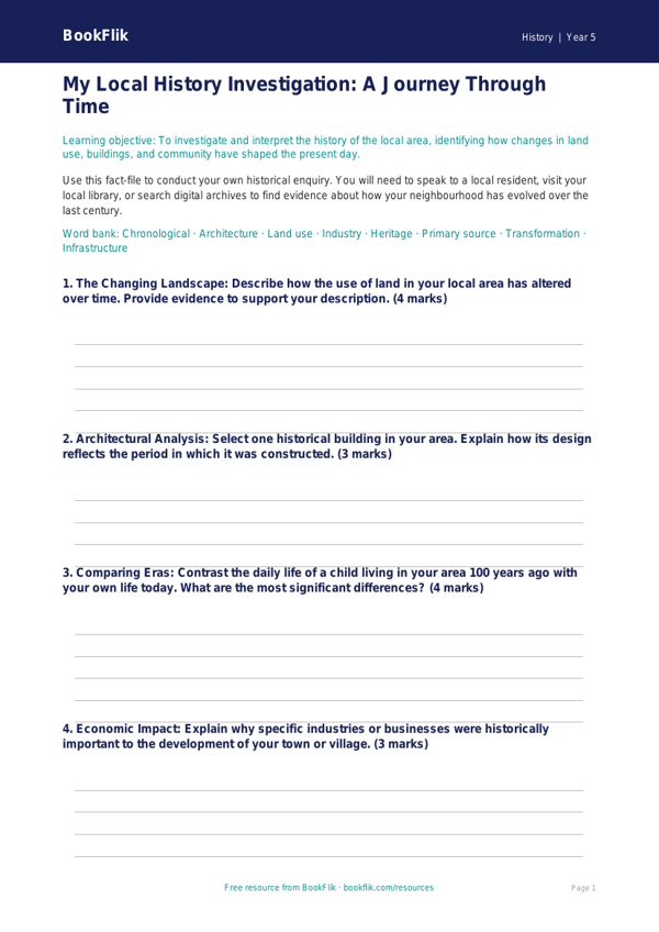 Free Local History Template | Year 5 Greater Depth | BookFlik worksheet preview — History Local History