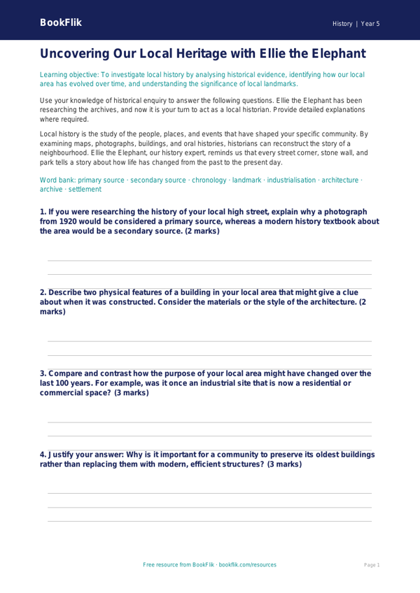 Free Local History Worksheet | Year 5 Greater Depth | BookFlik worksheet preview — History Local History