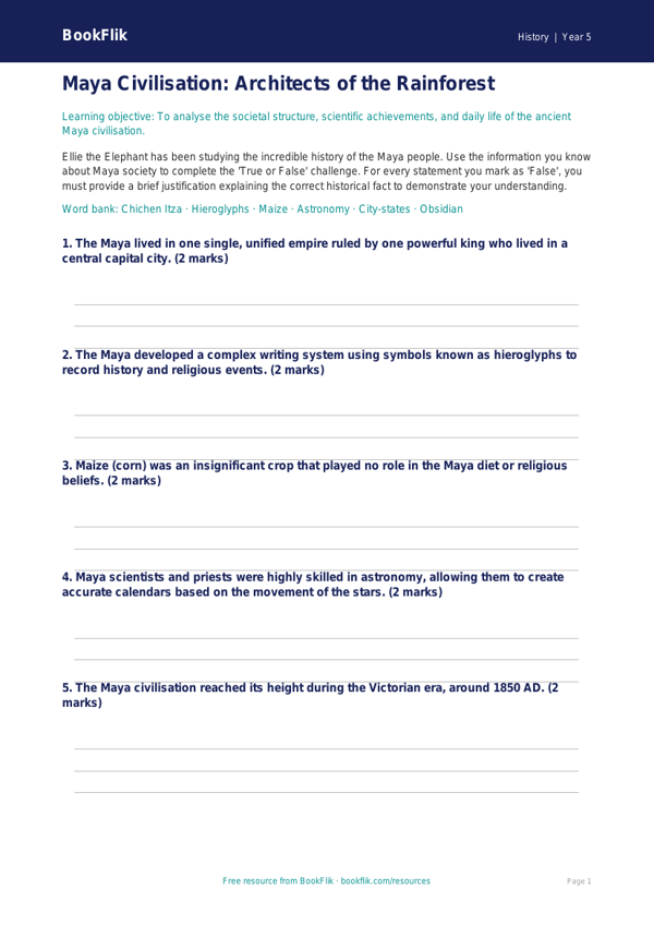 Free Maya Civilisation Activity Sheet | Year 5 Greater Depth | BookFlik worksheet preview — History Maya Civilisation